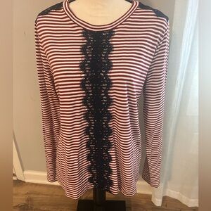 J. Crew Red and White Striped Long-Sleeve Top with Black Lace Trim